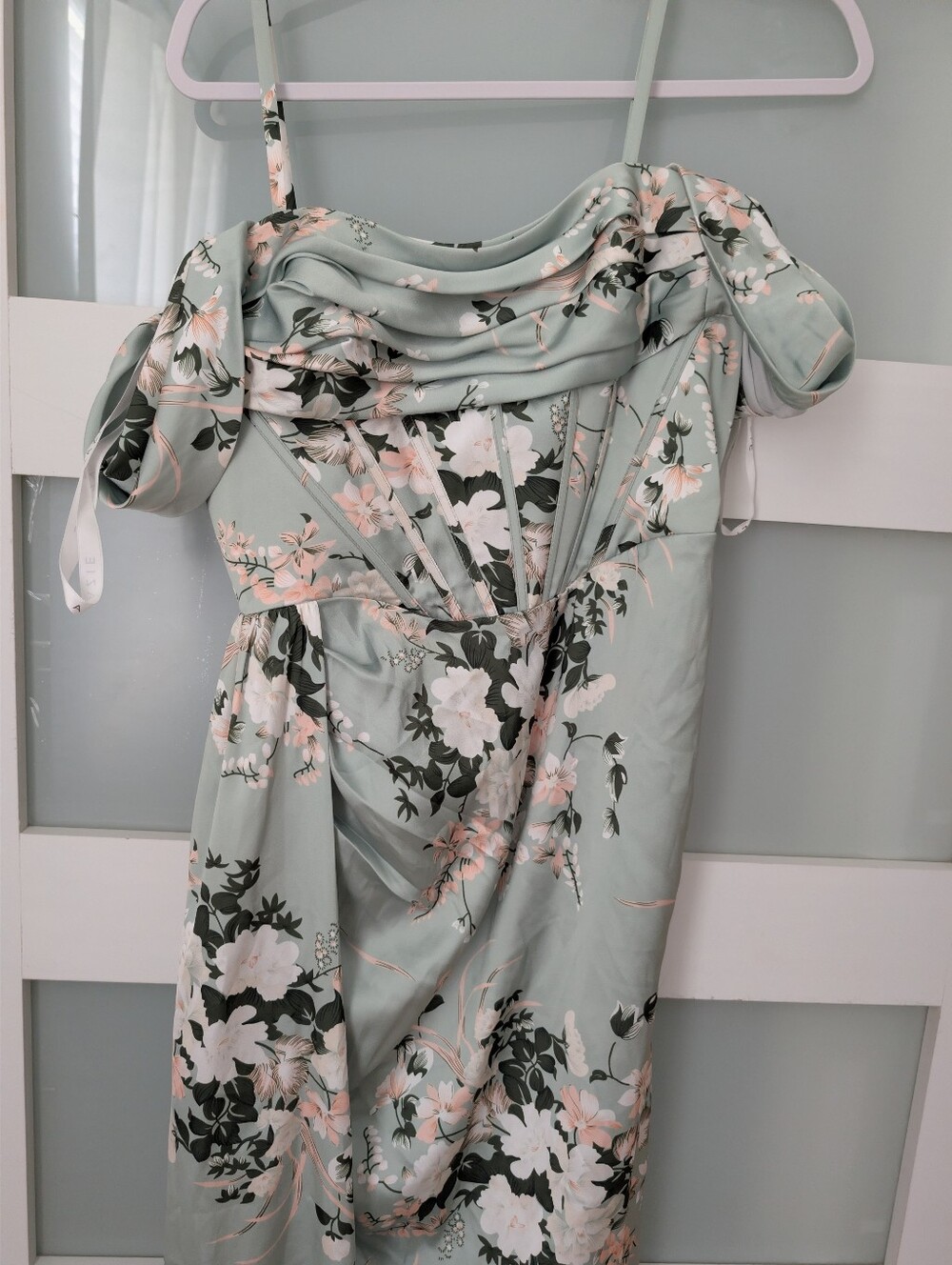Azazie Sage Green Floral Satin Dress - Picture 4 of 7